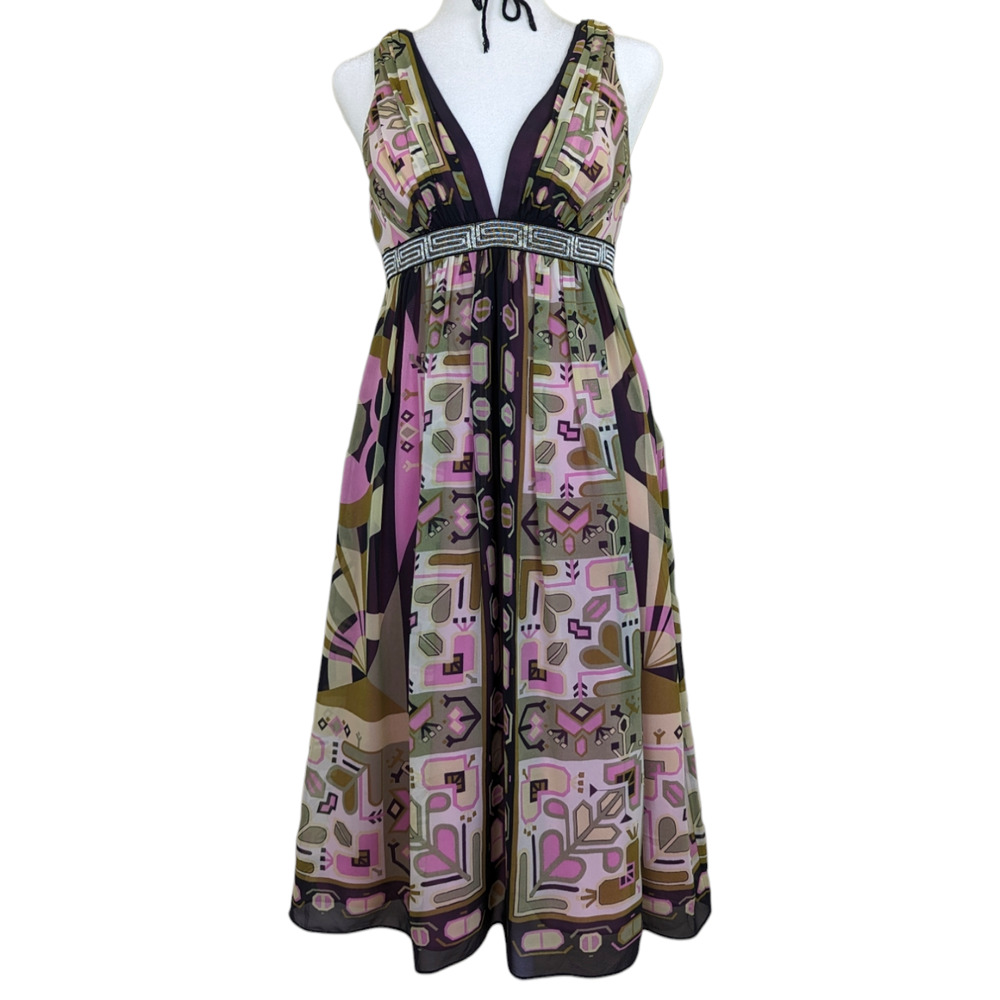 Nicole Miller Studio 100% Silk Pink Brown Geometric print  Patterned Dress Sz 2